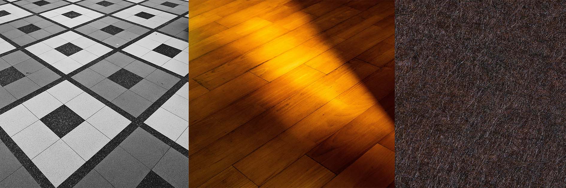 Split image of three various flooring materials including tile, hardwood, and carpet.